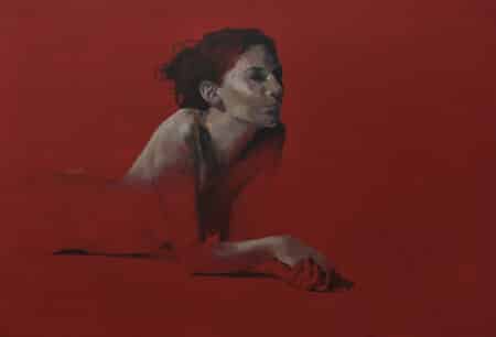 Bright red background with a woman lying on her stomach, resting on her hands. Blending abstraction with figurative, Osvaldo Sequeira explores human figure paintings. Red abstract nude painting