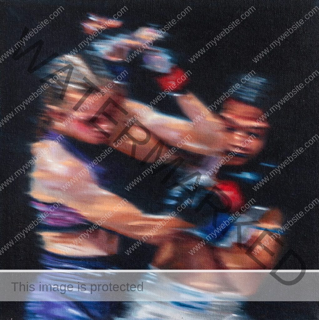 Abstract acrylic painting of female MMA fighter, by Allegra Pacheco.
