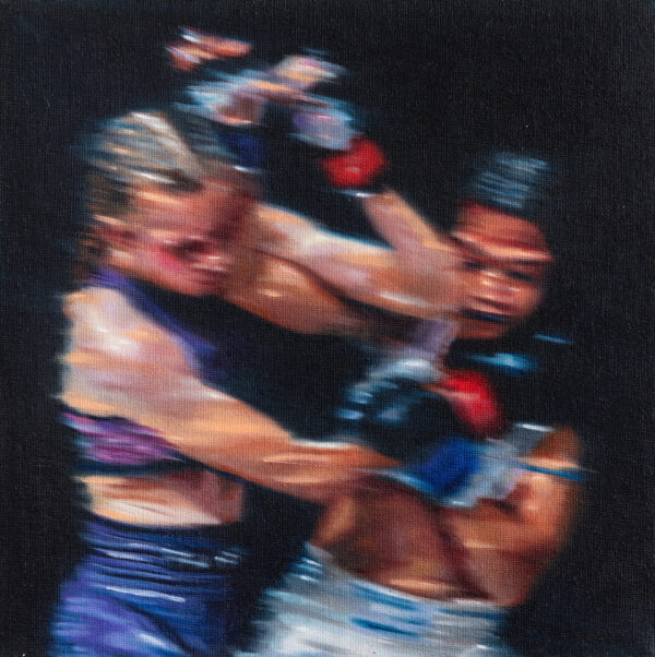 Abstract acrylic painting of female MMA fighter, by Allegra Pacheco.