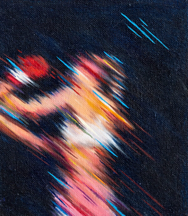 Abstract, blurred acrylic painting of female MMA fighter, by Allegra Pacheco.
