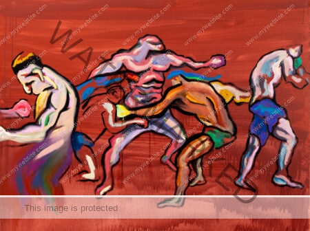 Red abstract boxing scene, acrylic painting by Allegra Pacheco. Boxers practicing at the gym. Abstract boxing painting Costa Rica