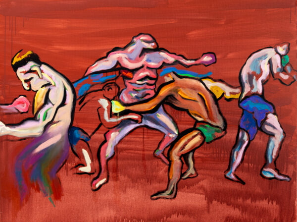 Red abstract boxing scene, acrylic painting by Allegra Pacheco. Boxers practicing at the gym. Abstract boxing painting Costa Rica
