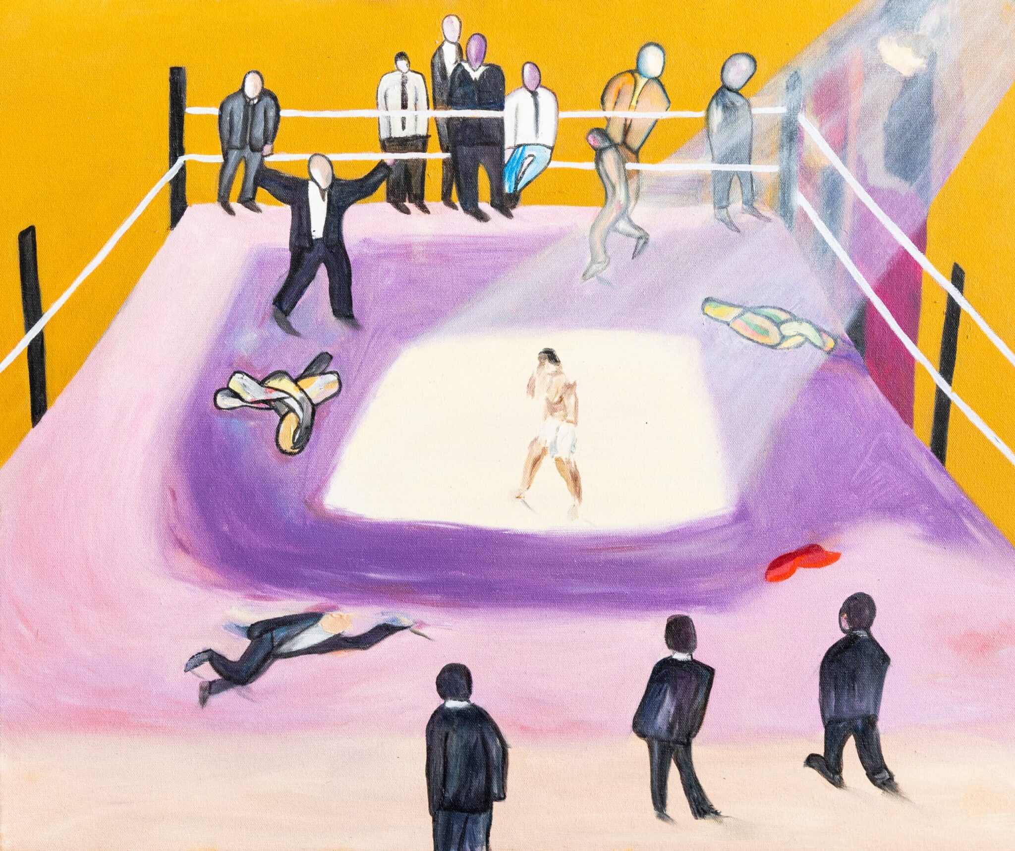 Intimate boxing ring with spotlight on boxers, some spectators around the edge. Acrylic painting by Allegra Pacheco. Rich people bet on the boxers for their amusement. Retro Abstract boxing painting