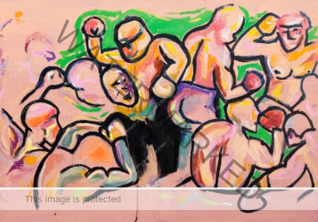 Abstract, pink and green boxing scene, acrylic painting by Allegra Pacheco. A melee of fighters brutalizing, some almost faceless. Retro Boxing Painting