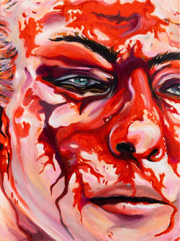 Close-up acrylic painting of female MMA fighter, Jessica Eye painting, bloodied face, by Allegra Pacheco.