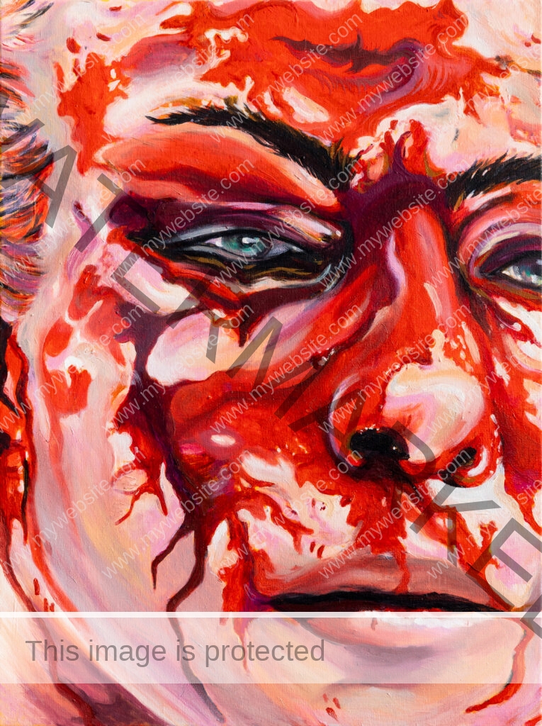 Close-up acrylic painting of female MMA fighter, Jessica Eye painting, bloodied face, by Allegra Pacheco.