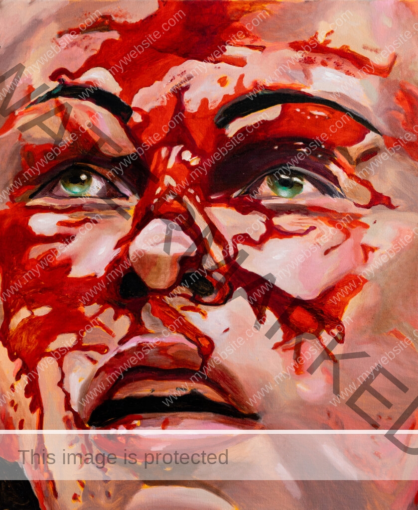 Close-up acrylic painting of MMA female fighter, Paige VanZant's, bloodied face, by Allegra Pacheco. Image is advertising the Craig Krull gallery opening.