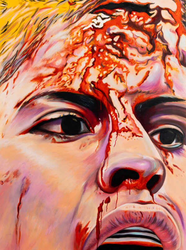Close-up acrylic painting of female MMA fighter's bloodied face, has a huge gash. by Allegra Pacheco. Female MMA FIGHTER PAINTING