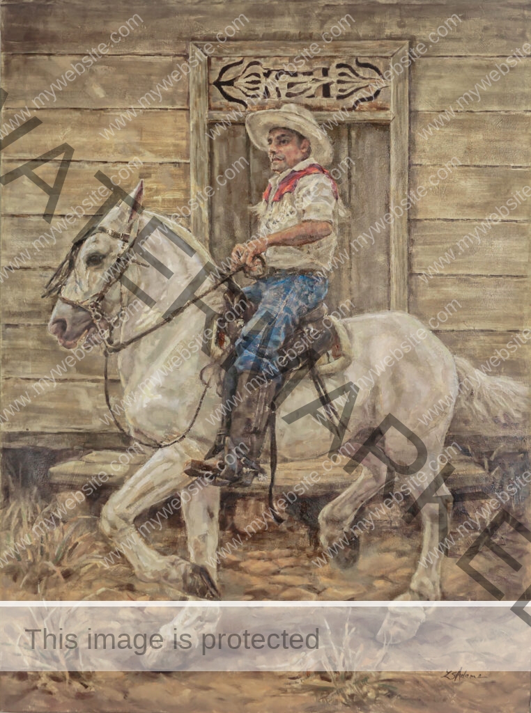 Jinete painting by Susan Adams, featuring a cowboy riding on a horse, which is captured mid-trot.