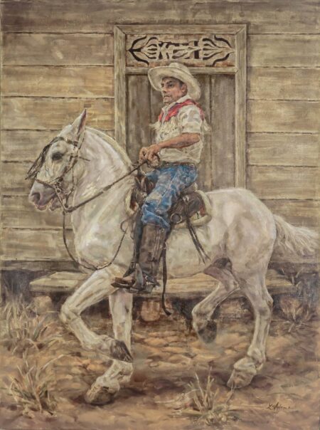 Jinete painting by Susan Adams, featuring a cowboy riding on a horse, which is captured mid-trot.