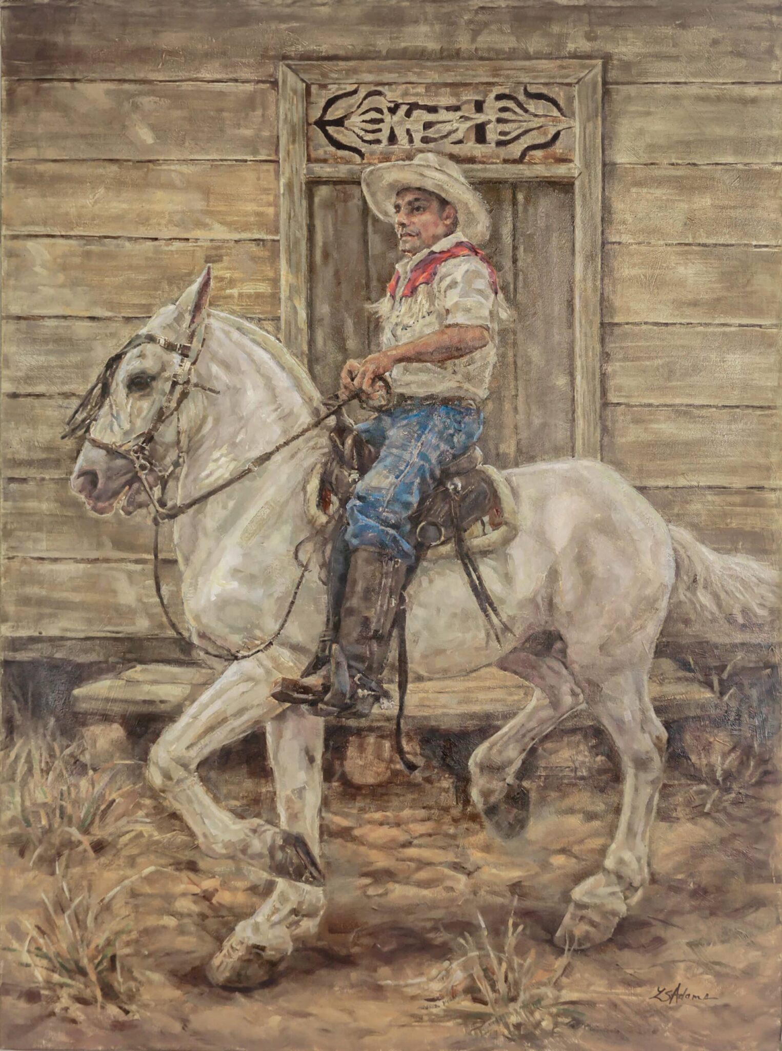 Jinete painting by Susan Adams, featuring a cowboy riding on a horse, which is captured mid-trot.