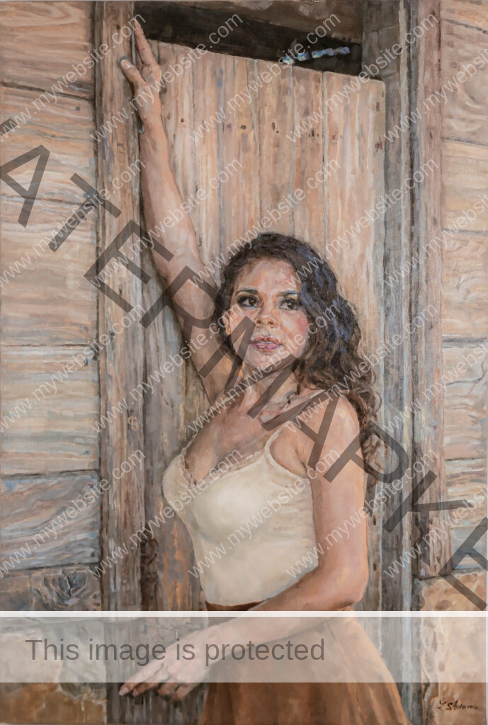 painting of a young voluptuous Guanacaste woman by Susan Adams, featuring a young woman leaning against a stable door.