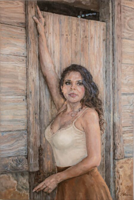 painting of a young voluptuous Guanacaste woman by Susan Adams, featuring a young woman leaning against a stable door.