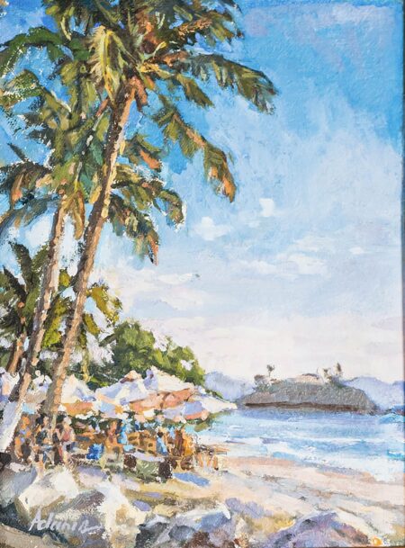 Flamingo beach Impressionist oil painting by Susan Adams, depicting vacationeers lounging on Flamingo beach in Guanacaste underneath beach umbrellas and palm trees.