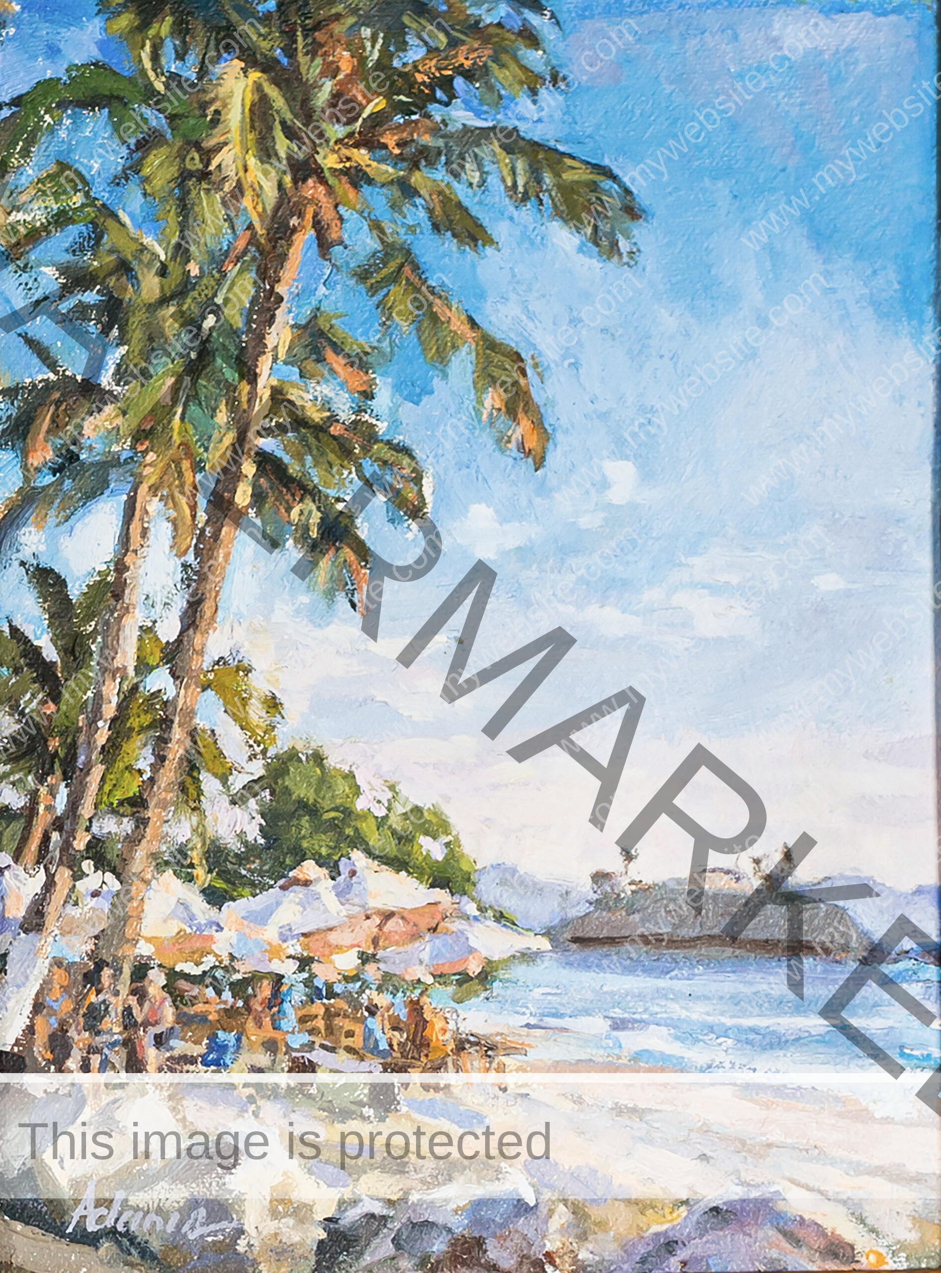 Flamingo beach Impressionist oil painting by Susan Adams, depicting vacationeers lounging on Flamingo beach in Guanacaste underneath beach umbrellas and palm trees.