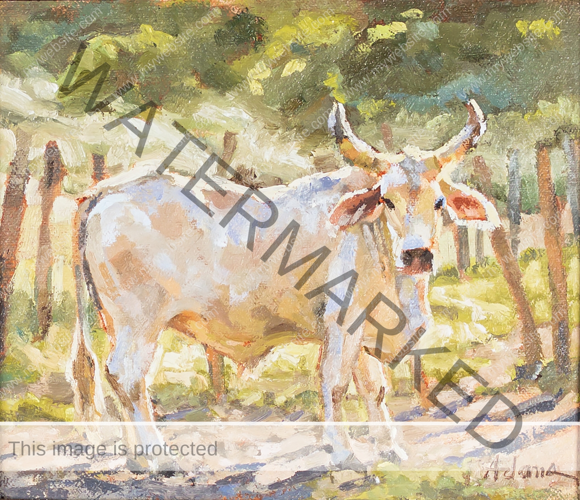 Costa Rican cow oil painting by Susan Adams. It's an impressionist portrayal of a cow that stares out of the canvas, evoking a sense of serenity and warmth.