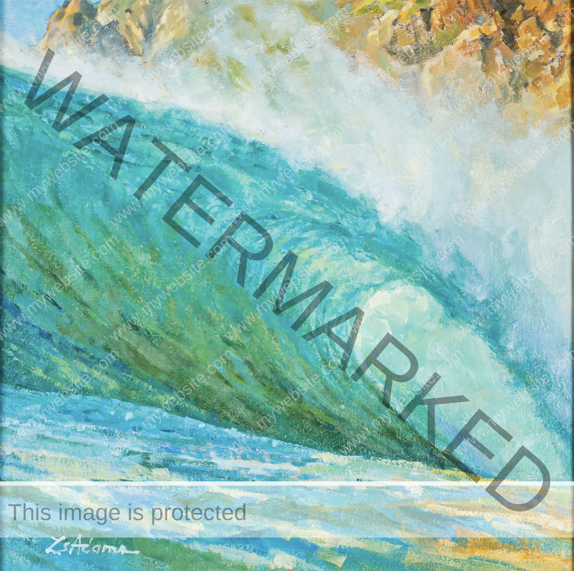 wave crashing oil painting by Susan Adams, featuring the energy and movement of a wave mid-crashing. The vibrant turquoise and green tones create a sense of depth and power.