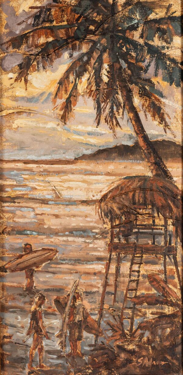 Casa de Abuela painting by Susan Adams, featuring surfers wading through the shallows of the ocean at sunset. It's a serene painting that evokes feelings of calm and serenity.