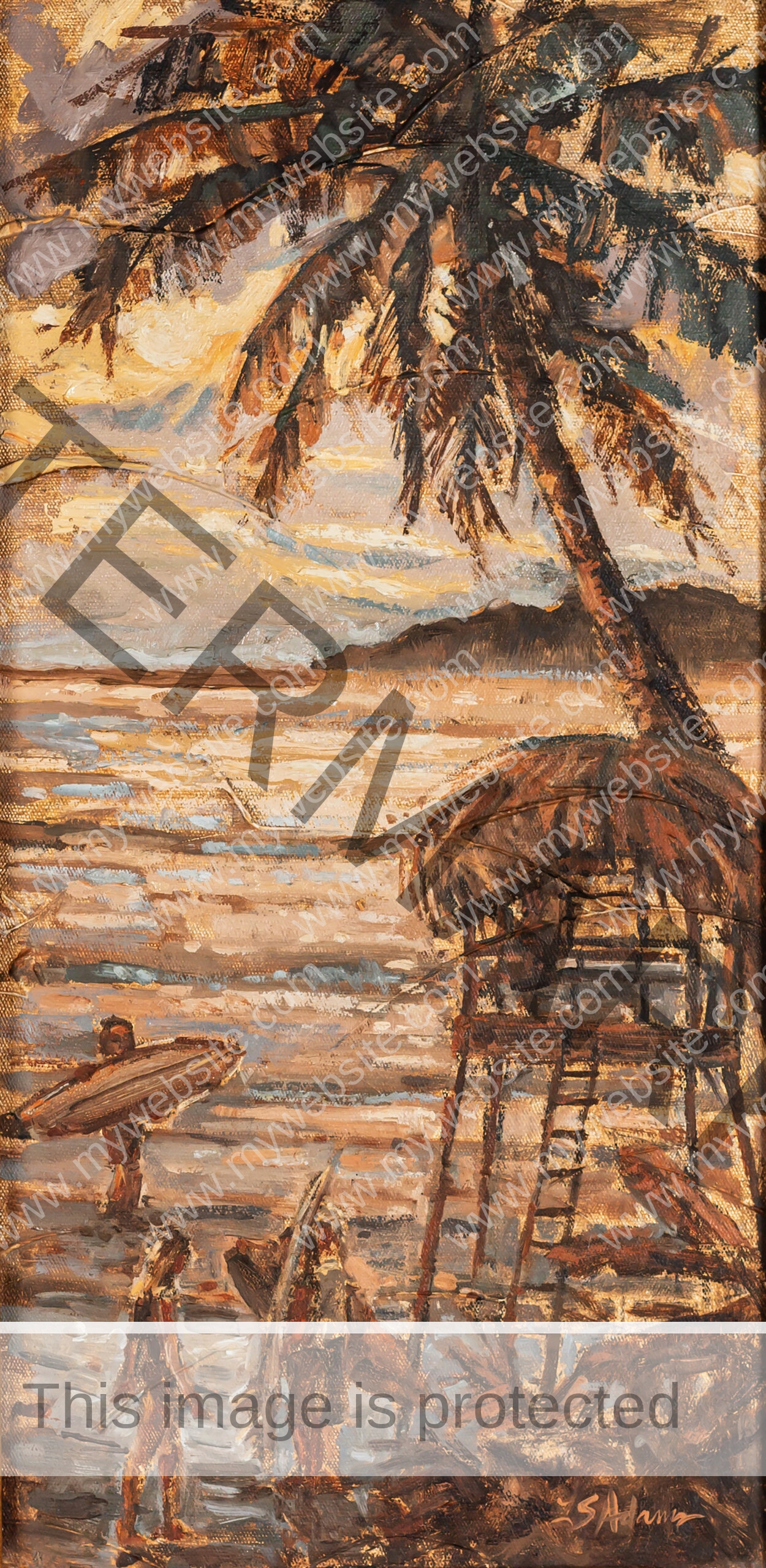 Casa de Abuela painting by Susan Adams, featuring surfers wading through the shallows of the ocean at sunset. It's a serene painting that evokes feelings of calm and serenity.