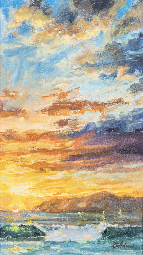 Sunset at the Rivermouth painting by Susan Adams, featuring a sunset with the ocean below and a huge expanse of sky overhead. It evokes feelings of the sublime and sheer awe, and wonder.