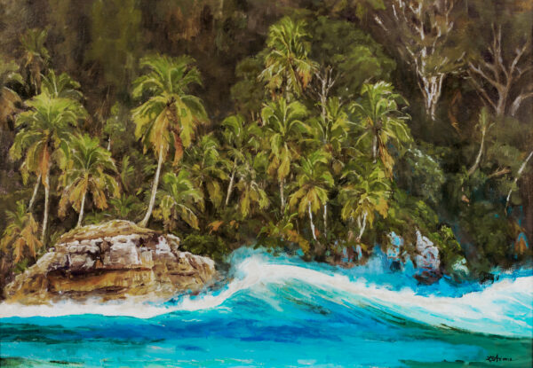 rugged Guanacaste beach oil painting by Susan Adams. It features the coastline with cliffs and bending palm trees swaying in the wind.