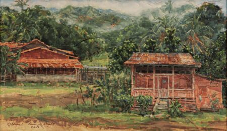 A typical Guanacaste scene by Susan Adams, depicting typical Costa Rican houses nestled in the lush foliage with mountains looming in th background.