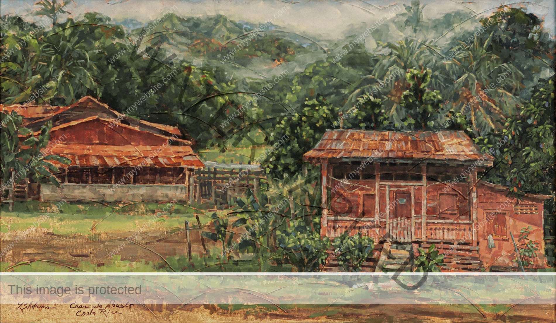 A typical Guanacaste scene by Susan Adams, depicting typical Costa Rican houses nestled in the lush foliage with mountains looming in th background.