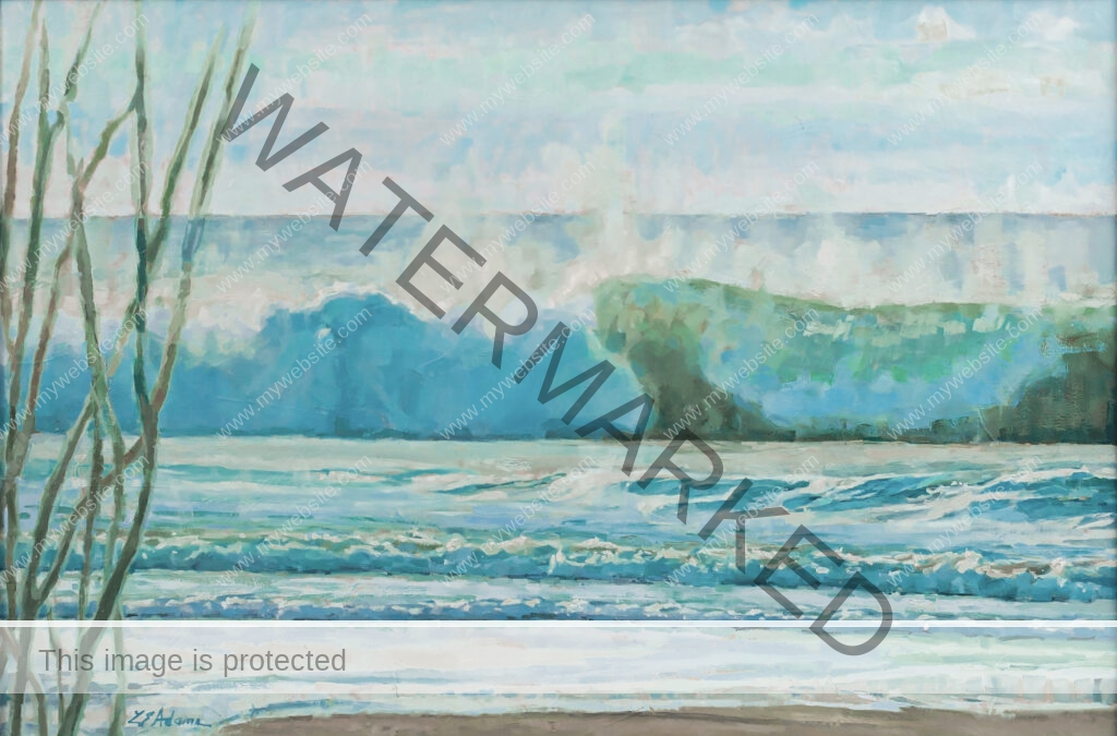Guanacaste beach oil painting by Susan Adams. It features a wave about to crash onto the sand with spray rising above the cresting wave. It's a beautiful painting capturing the raw energy of Costa Rica's oceans.
