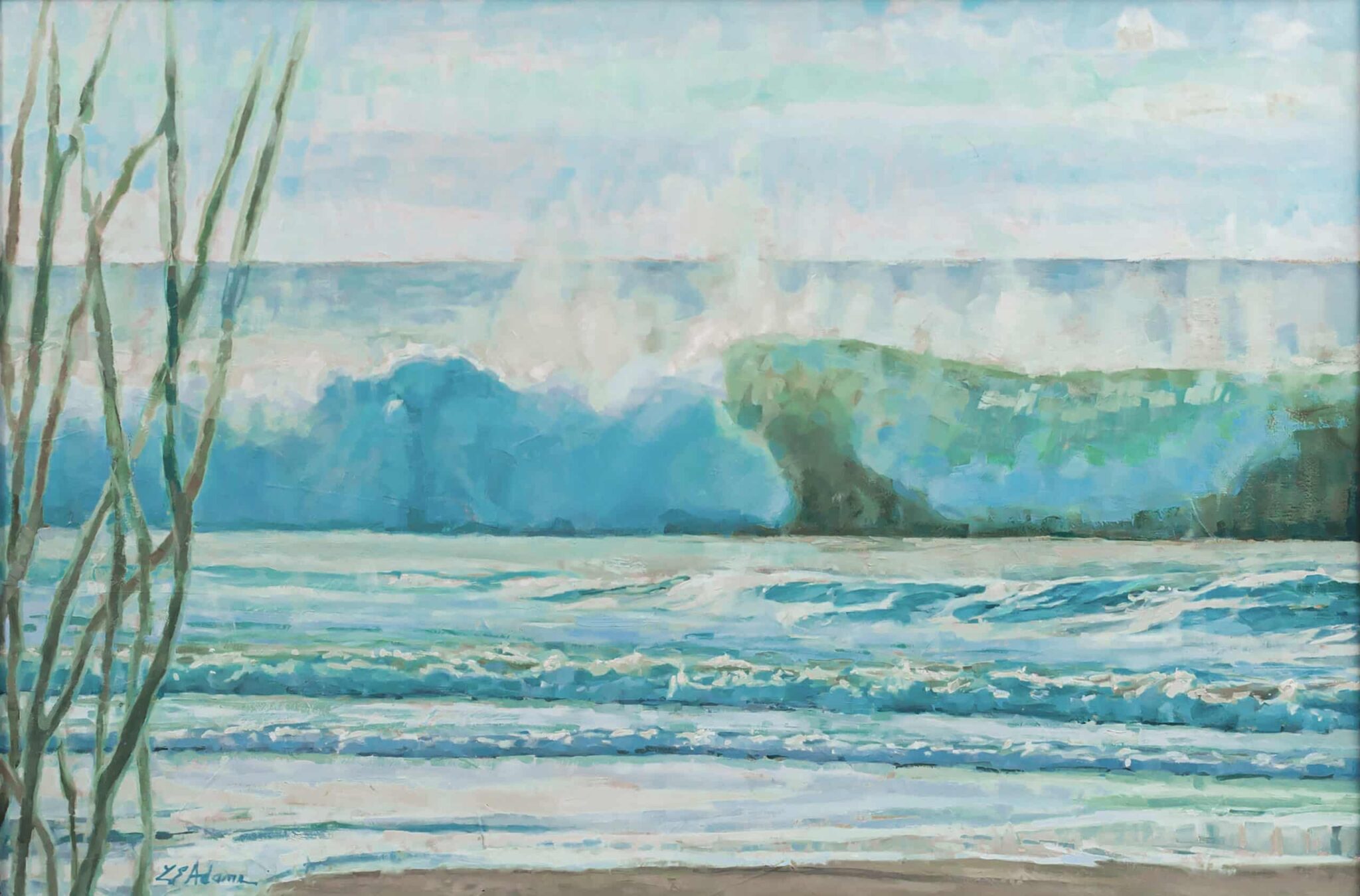 Guanacaste beach oil painting by Susan Adams. It features a wave about to crash onto the sand with spray rising above the cresting wave. It's a beautiful painting capturing the raw energy of Costa Rica's oceans.