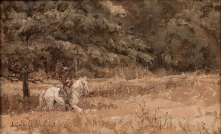 El Dia de Padre Guanacaste painting by Susan Adams, featuring a cowboy riding in a field beneath a Guanacaste tree, evoking feelings of resilience and intimacy.