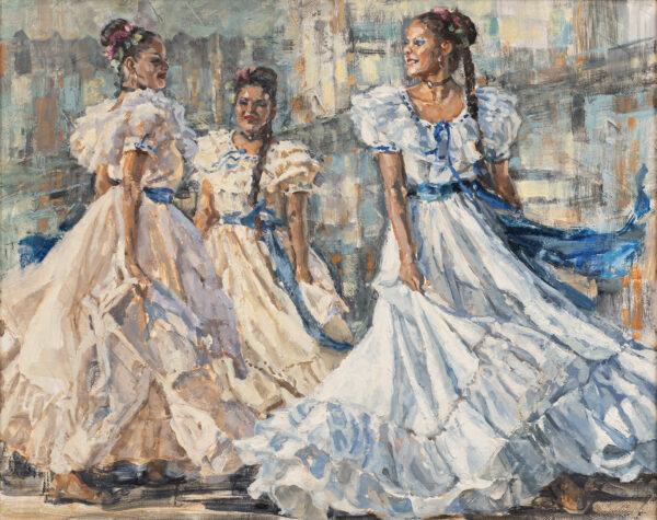 Costa Rican women dancing by Susan Adams, painted in an impressionist style and capturing a moment in dance.