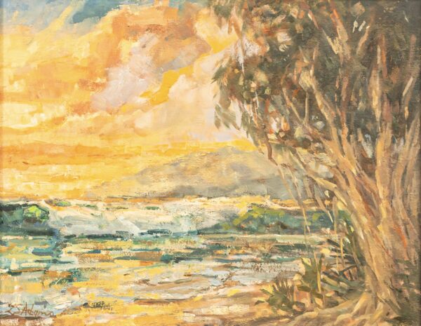 Lifeguard Stand painting by Susan Adams, featuring an intimate ocean scene. A wave is caught mid-crash and the yellow sky suggests a sunset and the closing of a day.