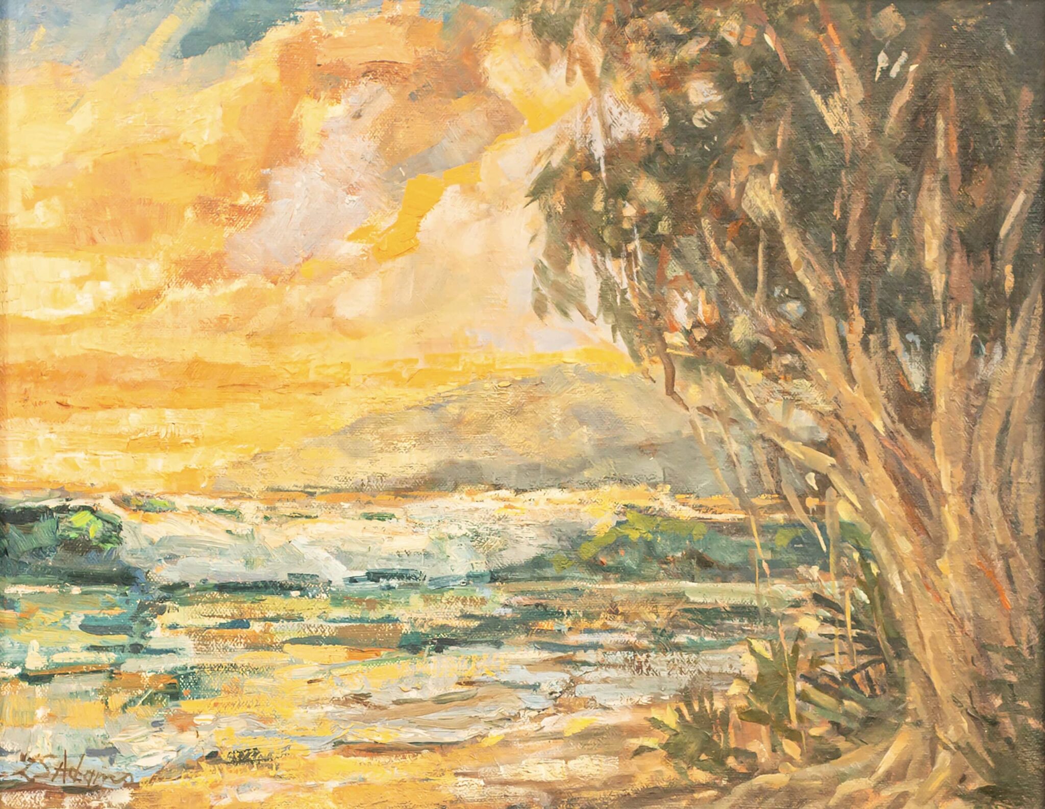 Lifeguard Stand painting by Susan Adams, featuring an intimate ocean scene. A wave is caught mid-crash and the yellow sky suggests a sunset and the closing of a day.
