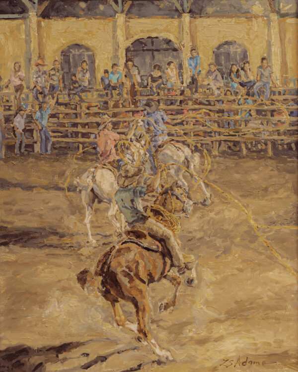 Costa Rican rodeo painting by Susan Adams of cowboys on horses, lassos swirling overhead. It's an grand scene that evokes feelings of excitement.