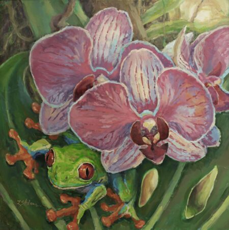 red-eyed tree frog oil painting by Susan Adams, featuring a frog emerging from underneath a pink orchid nestled amidst the lush foliage.