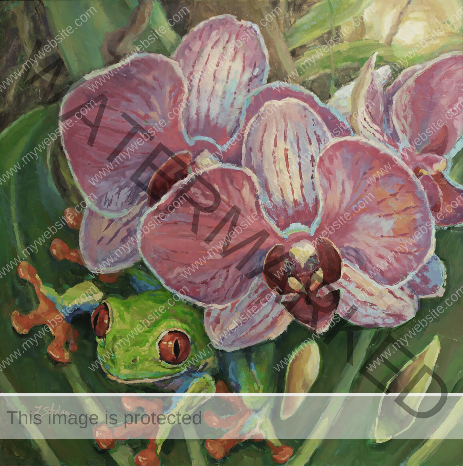 red-eyed tree frog oil painting by Susan Adams, featuring a frog emerging from underneath a pink orchid nestled amidst the lush foliage.