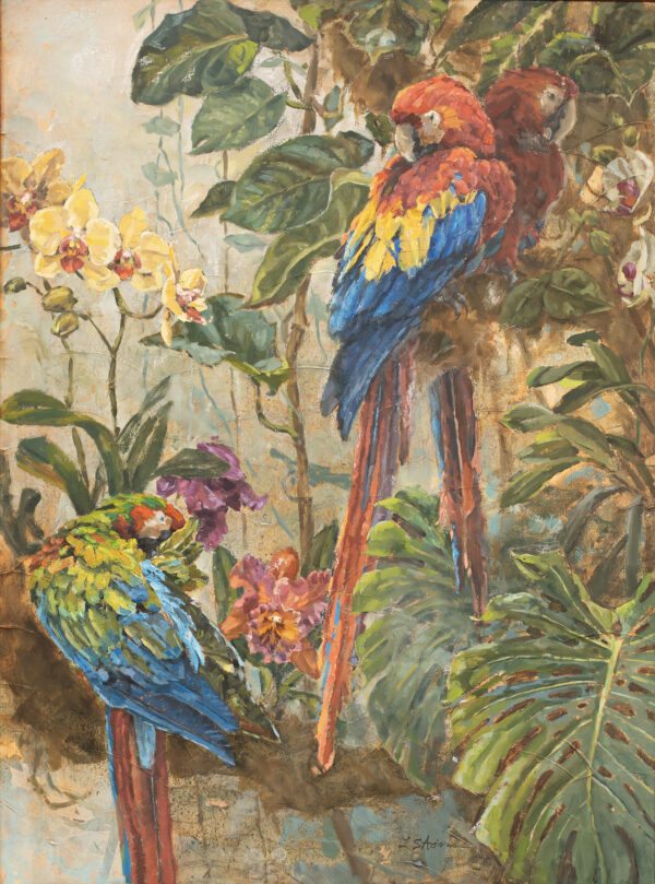 A painting of three red macaw parrots by Susan Adams. The parrots are sitting in a tree, with their colourful feathers contrasted against the lush green foliage.