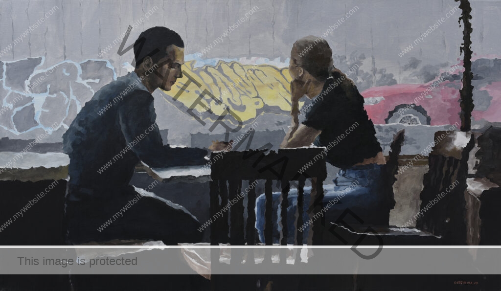 impressionist urban acrylic painting by Osvaldo Sequeira, featuring pastel tones and an abstract urban background with a couple in a coffee shop leaning into each other in discussion. impressionist urban cafe painting