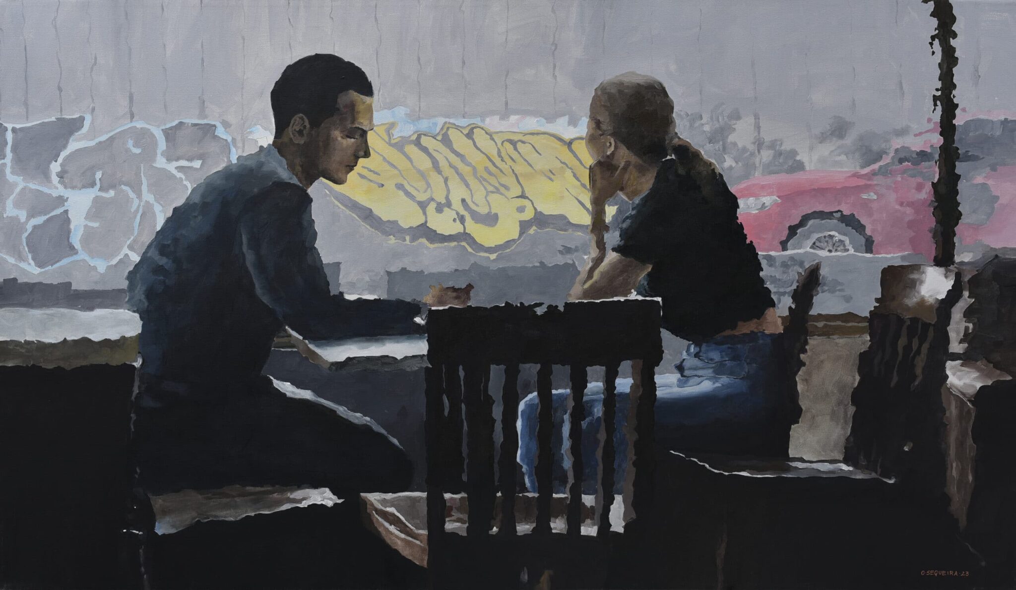 impressionist urban acrylic painting by Osvaldo Sequeira, featuring pastel tones and an abstract urban background with a couple in a coffee shop leaning into each other in discussion. impressionist urban cafe painting