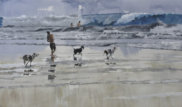 impressionist urban acrylic painting by Osvaldo Sequeira, featuring pastel tones and an abstract beach scene with three dogs and a man playing with them. Impressionist dog beach painting