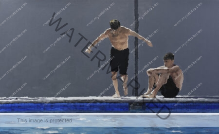 impressionist urban acrylic painting by Osvaldo Sequeira, featuring pastel tones and an abstract scene of a swimming pool with two boys. One sitting and the other diving. Filled with blue and grey colours. Swimming pool acrylic painting