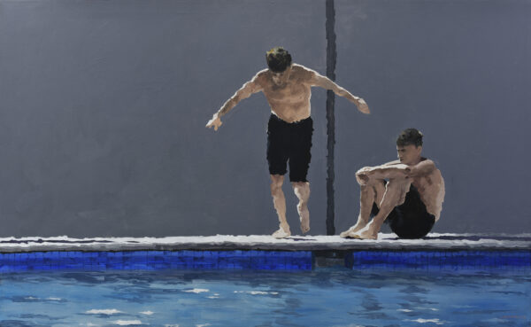 impressionist urban acrylic painting by Osvaldo Sequeira, featuring pastel tones and an abstract scene of a swimming pool with two boys. One sitting and the other diving. Filled with blue and grey colours. Swimming pool acrylic painting