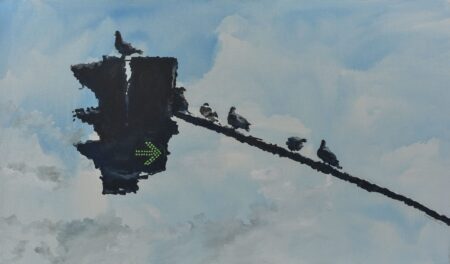 impressionist urban acrylic painting by Osvaldo Sequeira, featuring pastel tones and an abstract urban background with a streetlight and birds sitting on it in the foreground. Impressionist urban pigeon painting