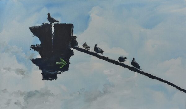 impressionist urban acrylic painting by Osvaldo Sequeira, featuring pastel tones and an abstract urban background with a streetlight and birds sitting on it in the foreground. Impressionist urban pigeon painting