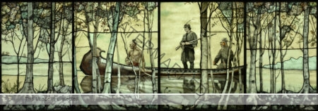 Large 4-panel stained glass work by stained glass artist Sylvia Laks. It features a scene from The Last of the Mohicans, evoking feelings of adventure and discovery.