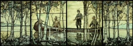 Large 4-panel stained glass work by stained glass artist Sylvia Laks. It features a scene from The Last of the Mohicans, evoking feelings of adventure and discovery.