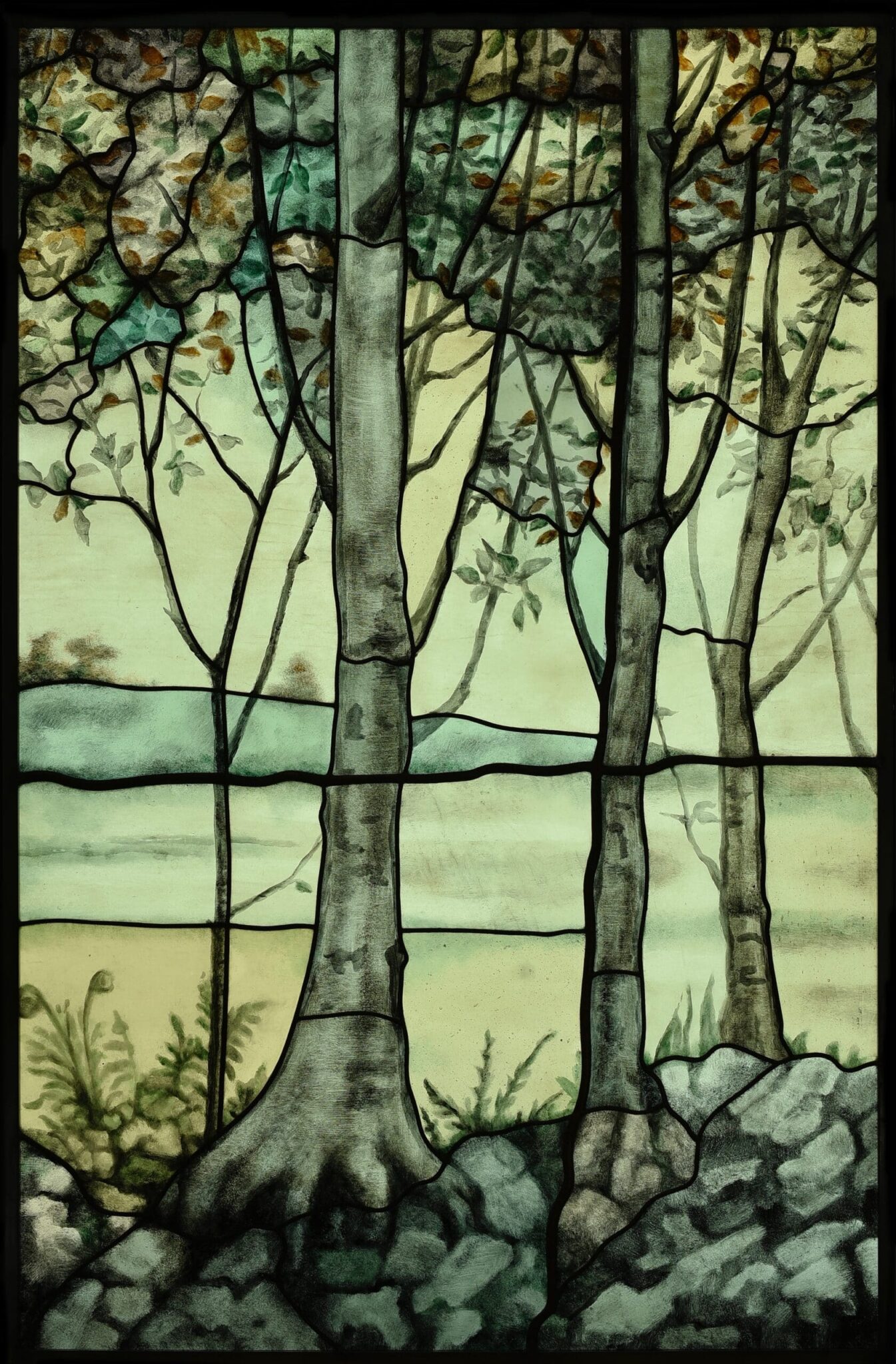 THE LAST OF THE MOHICANS window features slender trees with variegated foliage, lush undergrowth, and glowing fields beneath a diffused sky. , an original work available at MÍRAME Fine Art.