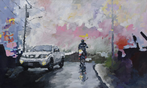 impressionist urban acrylic painting by Osvaldo Sequeira, featuring pastel tones and an abstract urban background with a car and motorbike in the foreground.