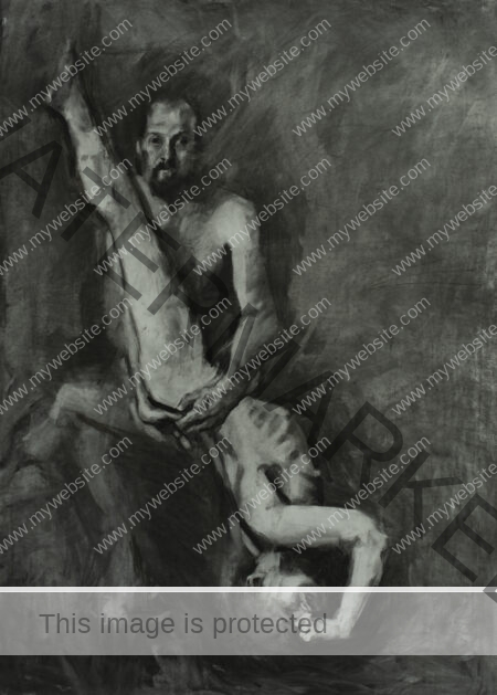 Charcoal drawing from Roberto Murillo's figurative Couplings series, featuring a nude man holding a nude woman upside down, in a dynamic and acrobatic pose.
