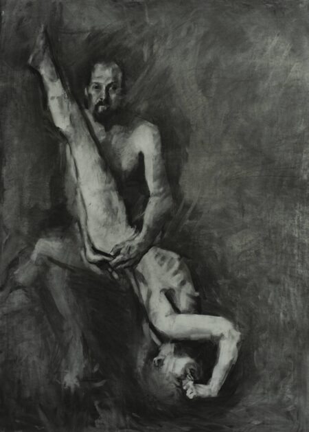 Charcoal drawing from Roberto Murillo's figurative Couplings series, featuring a nude man holding a nude woman upside down, in a dynamic and acrobatic pose.